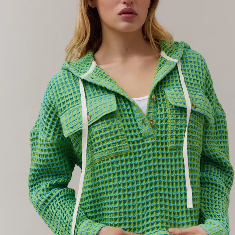 BDG Baja Stanley Waffle Hooded Top Blue and Green 100% Cotton Size Small
